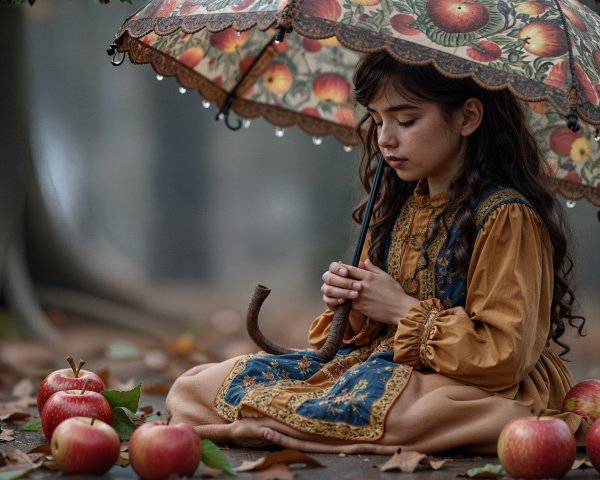 Young girl under apple umbrella in misty setting