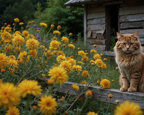 Fluffy Orange Cat on Wooden Fence with Yellow Flowers