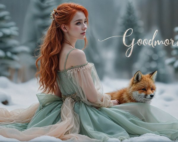 Young woman in green gown with red fox in snow
