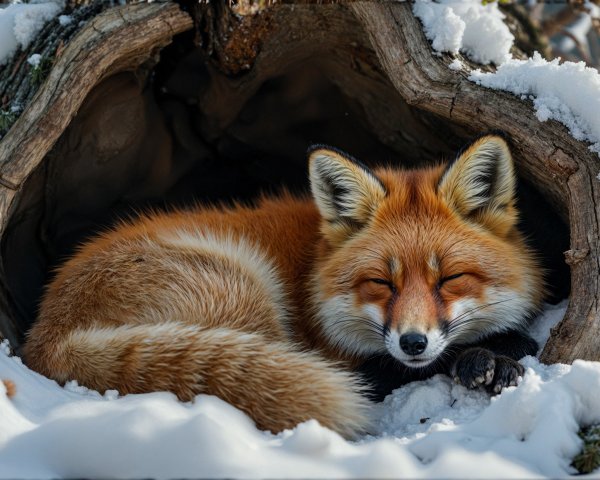 Red fox sleeping in a snowy tree trunk setting
