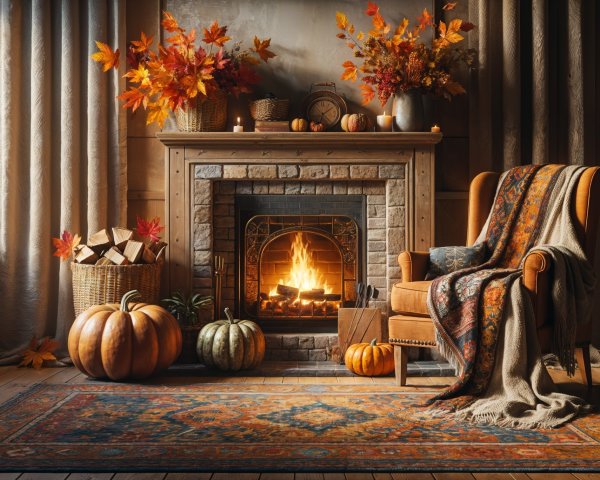 Cozy Autumn Scene with Rustic Fireplace and Decor