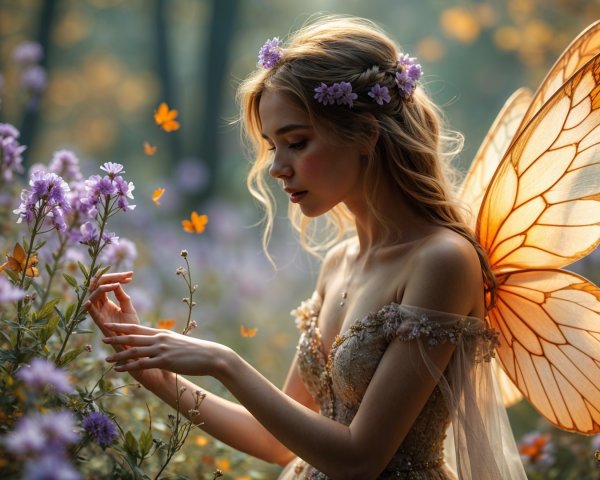 Whimsical Forest Scene with Woman and Butterfly Wings