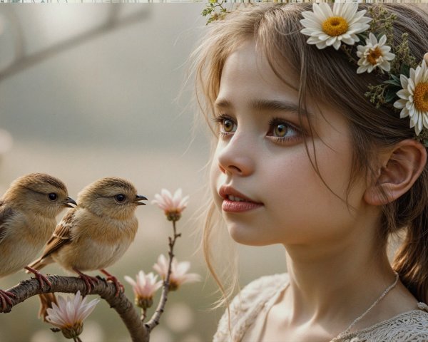 Young girl with flowers and birds in serene nature scene