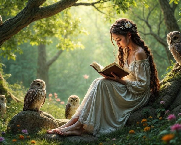 Young Woman Reading in a Forest Glade with Owls