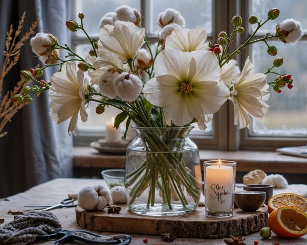 Rustic Table Setting with White Flowers and Natural Decor