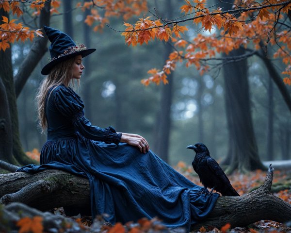 Young Woman in Dark Dress in Autumn Forest Setting