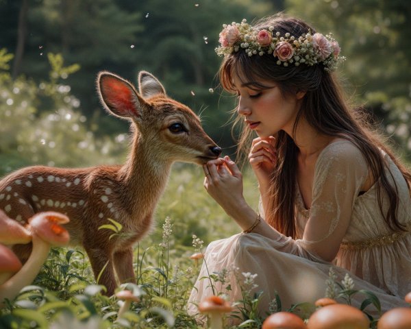 Young Woman in Ethereal Dress with Fawn in Forest Glade