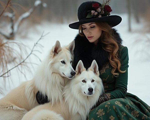 Winter Landscape with Woman in Green Dress and Dogs