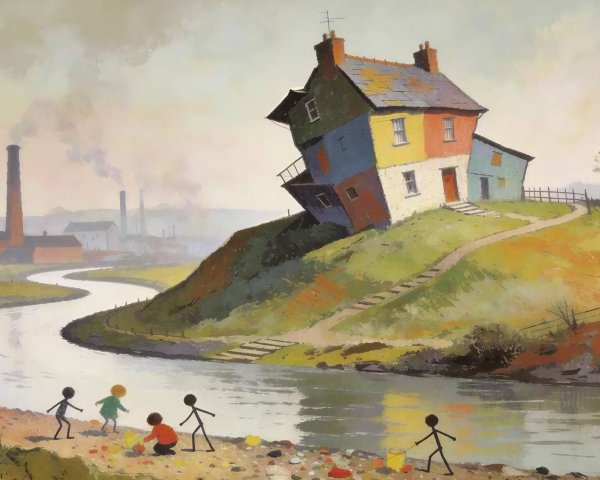 Surreal Landscape with Crooked House and Children Playing