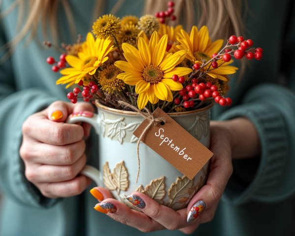 Decorative Mug with Daisies and Autumn Elements