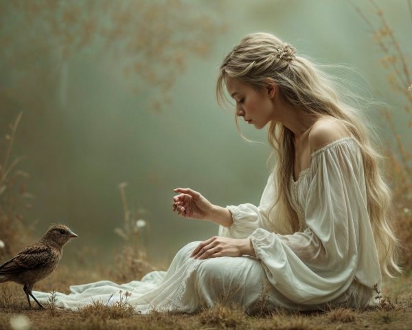Misty Meadow with Young Woman and Small Bird