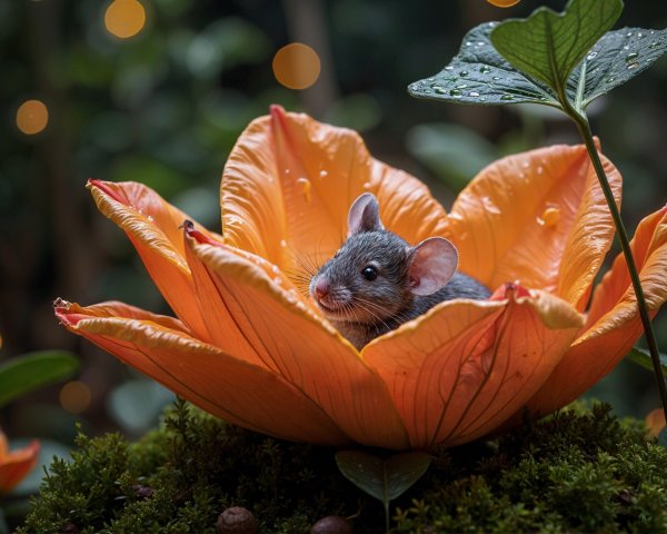 Gray Mouse Nestled in Vibrant Orange Flower Garden