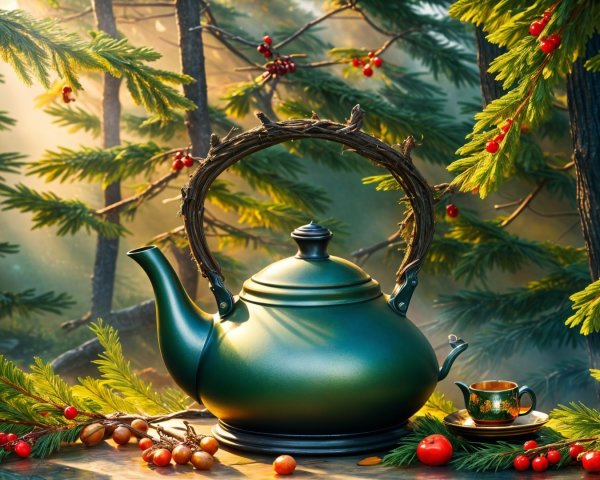 Green Teapot Surrounded by Forest and Berries