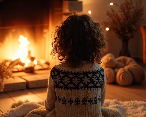 Child Sitting by a Fireplace in Cozy Autumn Decor