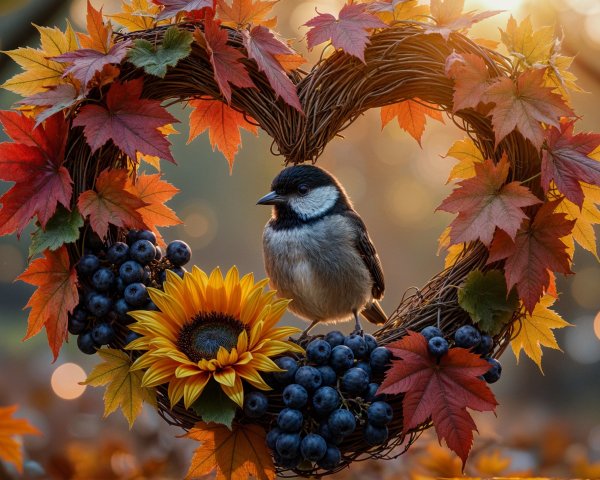 Bird in Heart-Shaped Wreath with Autumn Foliage