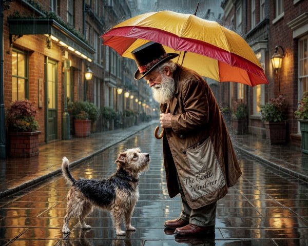 Elderly Man and Dog on a Rainy Quaint Street