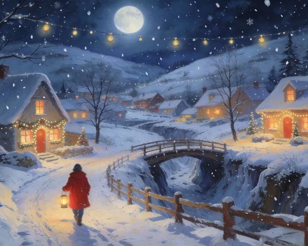 Nighttime Village Scene with Snow and Lantern Light