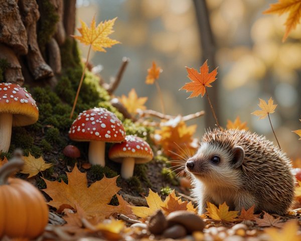 Hedgehog in a Colorful Autumn Forest Scene