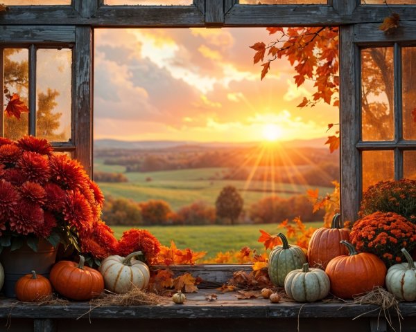Rustic Window Framed by Autumn Foliage and Sunset