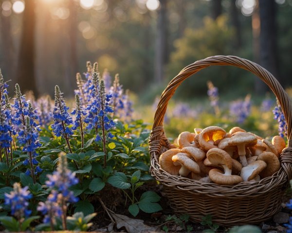 Woven Basket of Foraged Mushrooms in Meadow Scene