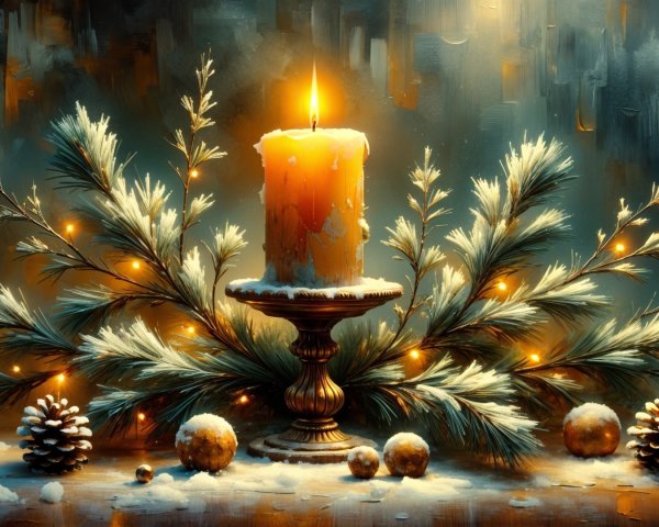Warm Candle with Pine and Fairy Lights in Winter Setting