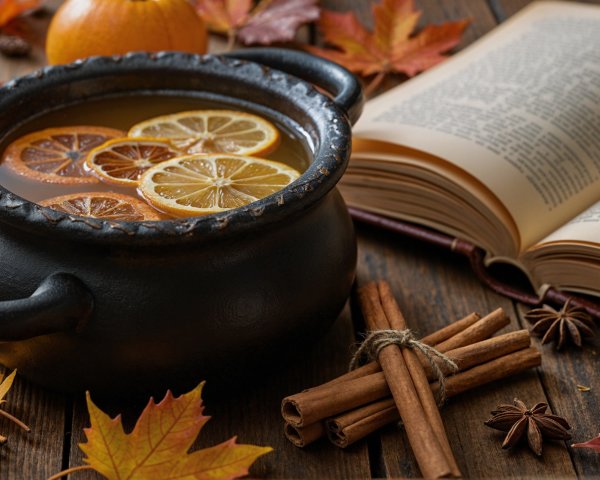 Rustic Black Pot with Spiced Beverage and Autumn Decor