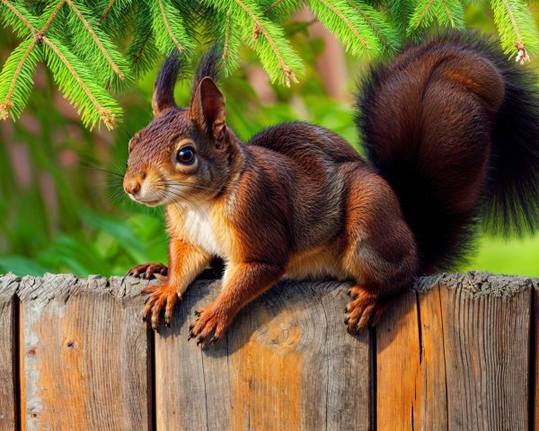 Red Squirrel on Wooden Fence in Lush Greenery