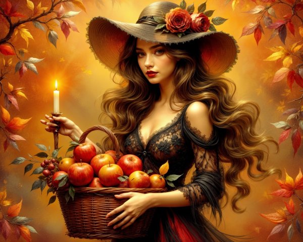 Woman in autumn setting with apples and candlelight