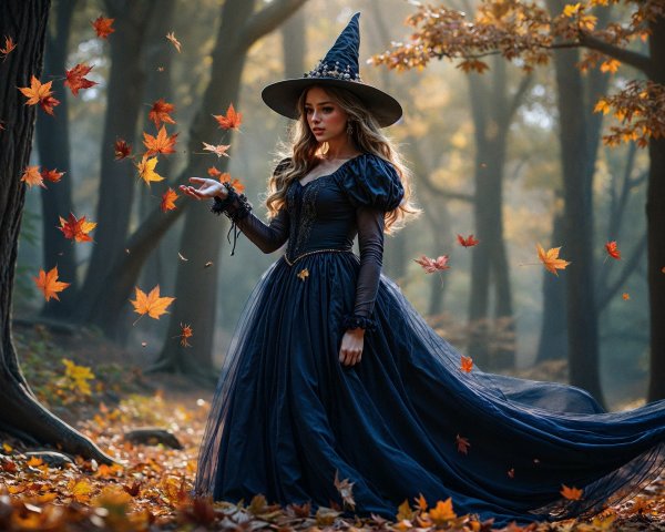 Young Woman in Witch Costume in Autumn Forest
