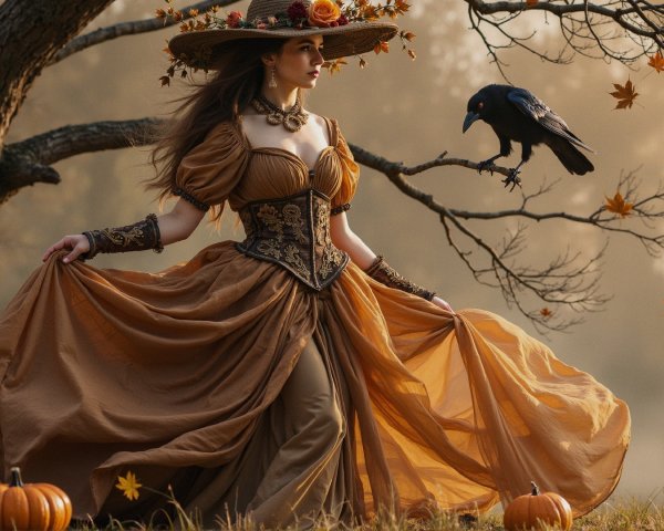 Mystical Autumn Scene with Woman and Raven