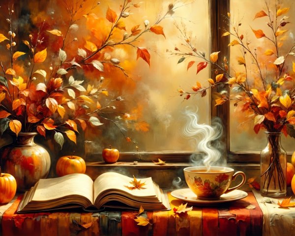 Cozy Autumn Scene with Book, Tea, and Fall Decor