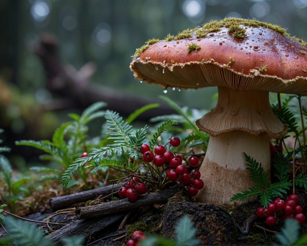 Vibrant mushroom in lush green forest with berries