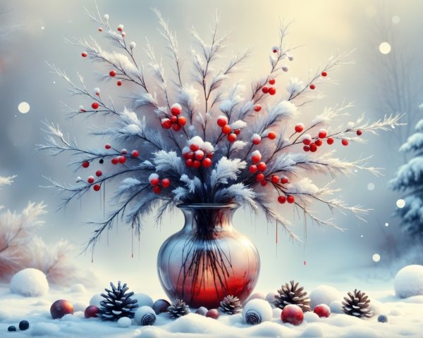 Winter Still Life with Frosted Branches and Berries