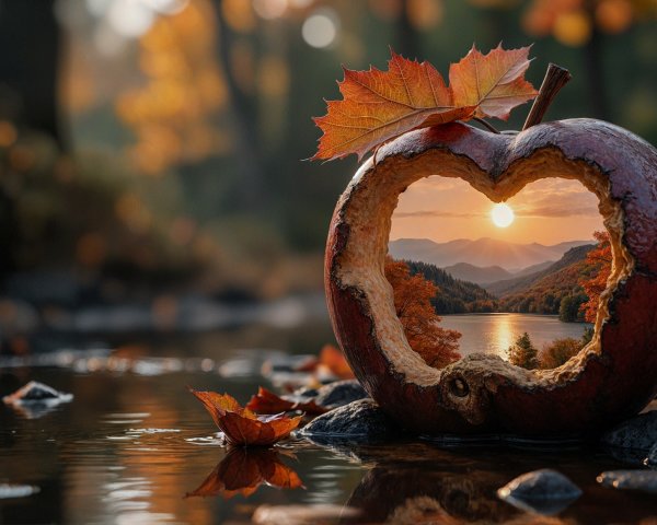 Apple with Heart-Shaped Cut in Autumn Landscape