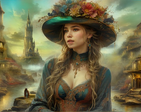 Young Woman in Floral Hat Against Quaint Village Scene