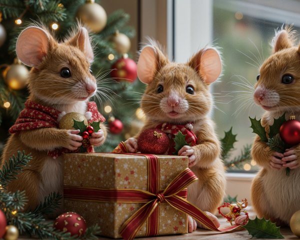 Mice in Scarves Celebrate Christmas with Gift and Ornaments