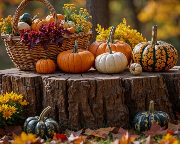 Rustic Wooden Stump Displaying Autumn Harvest Decor