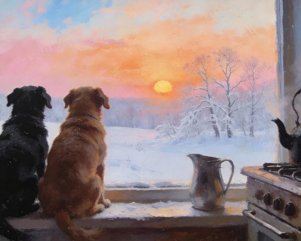 Dogs on Window Sill Overlooking Snowy Sunset Landscape