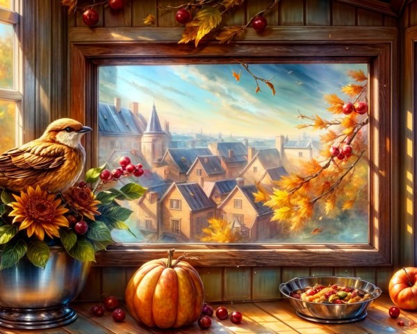 Cozy Autumn Window Scene with Sunflowers and Pumpkin