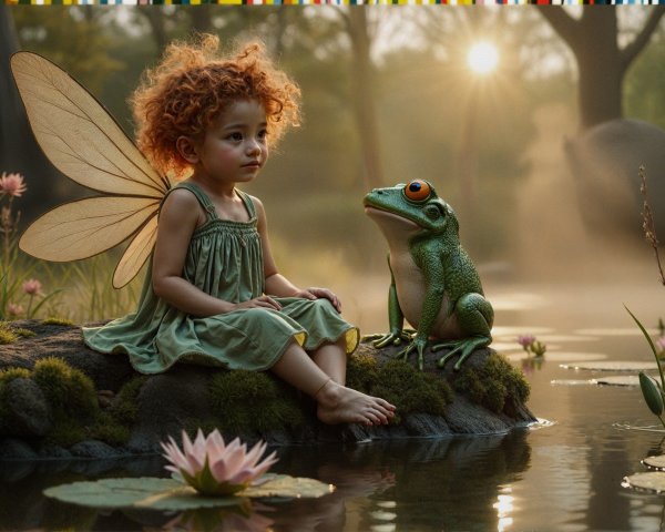 Young girl with wings by a pond with a frog
