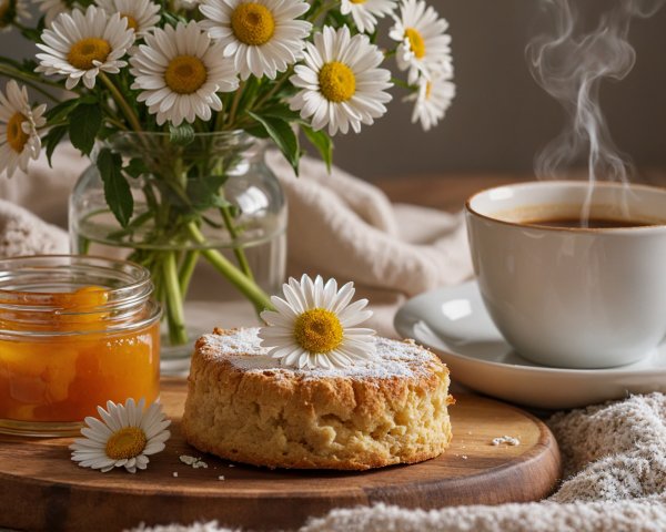 Cozy Breakfast Scene with Scone and Daisies