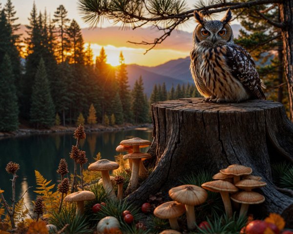 Owl on Tree Stump by Autumn Lake at Sunset