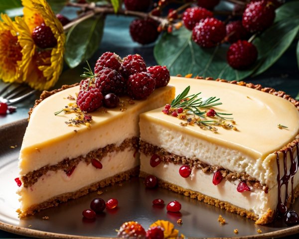Layered cheesecake with raspberries and pomegranate seeds