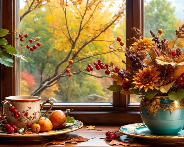 Cozy Autumn Window Sill with Flowers and Decor