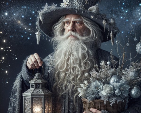 Mystical Figure in Gray Robe with Lantern and Ornaments