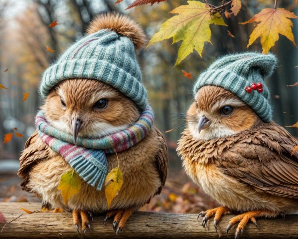 Owls in Sweaters Amidst Autumn Leaves and Sunlight