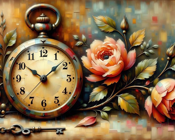 3D Digital Illustration of Pocket Watch and Flowers