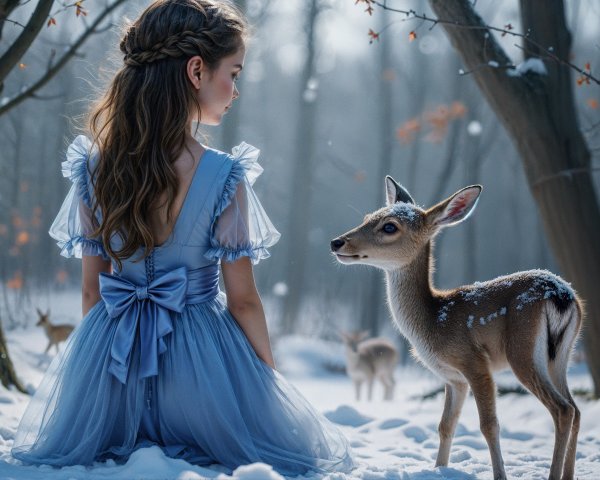 Young Girl and Fawn in Winter Forest Setting