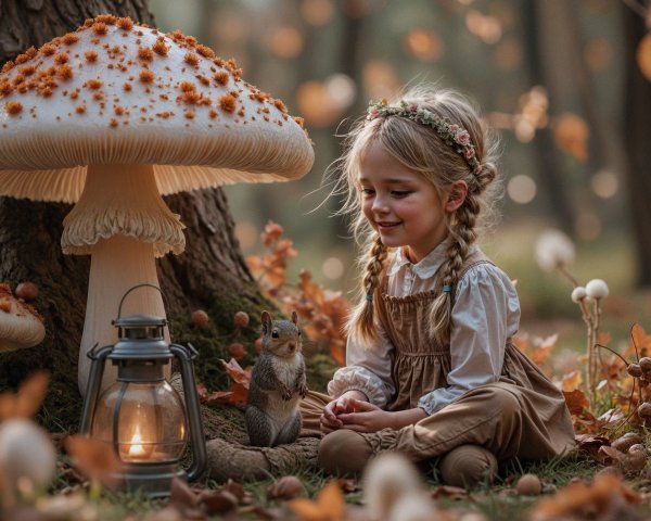Young girl and squirrel in a whimsical forest scene