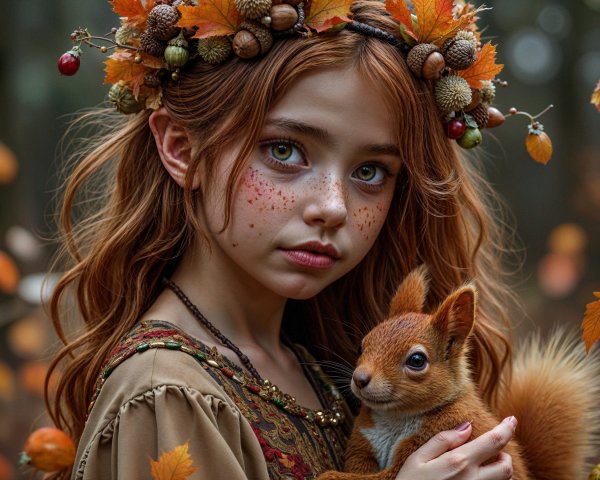 Young girl in a forest with autumn leaves and squirrel
